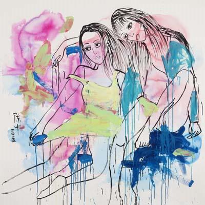 A painting of two people side by side in pastel colours